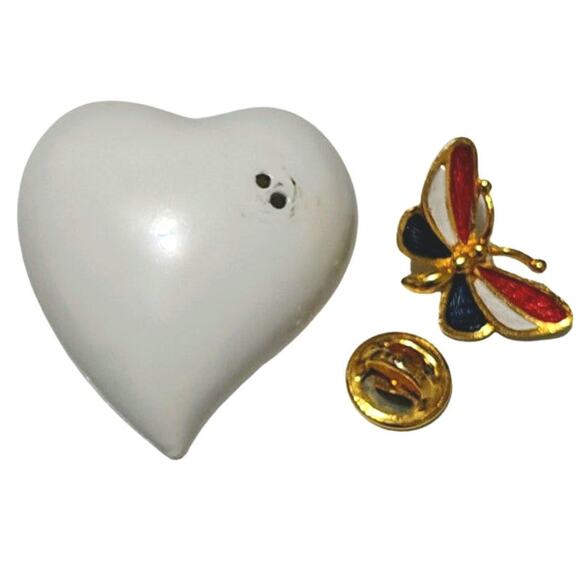 1970s Lisa Heart Brooch Removable Butterfly Lapel Pin Metal Alloy Enamel Vintage - Picture 2 of 8
